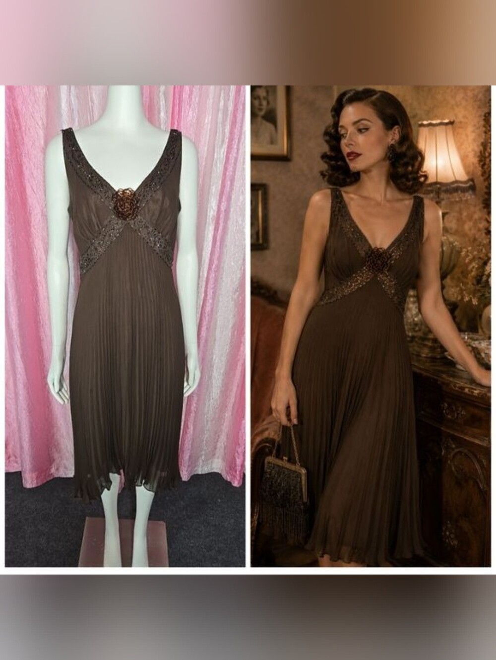 Jones New York  Exquisite Brown Silk Pleated Beaded Evening Dress Size 12